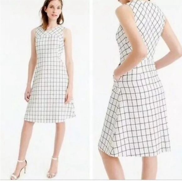 * J. Crew White and Navy Windowpane Tweed Sleeveless Fit and Flare Dress Size 4P - Picture 2 of 7